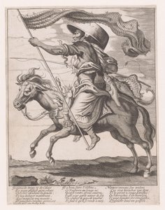 Kvinne på en hest, dekorert med fisk og et fiskenett som et banner med karneval av Anonymous