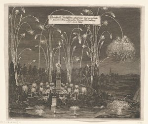 Fyrverkeri ved Pleißenburg, 8. juli 1667 Churfürstl: Sachsisches gehaltenes und an gezentes Fewer werck zu nachts beij festningen Pleissenburg, 1667, 8. juli (tittel på objekt) av Anonymous
