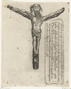 Mirakuløst krusifiks i klosteret Deinze, 1460 Denne H. Cruys er roten til en Leli-blom som ble funnet på den Bergh van Calvarien og Miraculeuselyc ghebrocht in