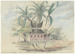 Huset til Radja Batipo, revet og brent til hans straff og tukt som leder og leder av opprøret i Padangsche Bovenlanden i år 1841 (tittel på objekt) av Anonymous