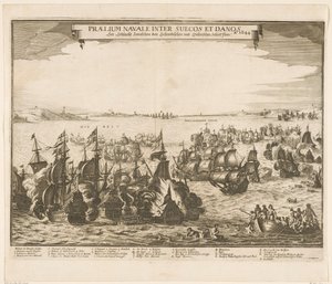 Sjøslag mellom den svenske og danske flåten i beltet, 1644 Praelium navale inter Suecos et Danos / Ao. 1644 / Se Schlacht Zwieschen den Schwedischen und Dehnischen Schieffflota (tittel på objekt) av Anonymous
