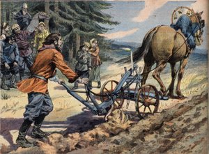 En russisk bonde som pløyer åkeren ved hjelp av en plog som det er lagt et lys på. Conte de Easter Gravering fra avisen "" Le Petro Parisien"", 19.04.1908. Privat samling. av Anonymous Anonymous