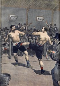 Et bokseangrep: seier til den franske mesteren Joseph Charlemont (1839-1918) mot Jerry Driscoll med teknikken "savate""" i Le Petit Journal 1899