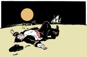 En kaptein drept av pirater blir forlatt på en øy, piratskipet beveger seg bort i horisonten Illustrasjon fra "The Boys Books of Pirates"" 1913 av Anonymous Anonymous
