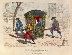 En stol med bærere for byen under kong Louis XIV på 1600-tallet - Sedan-stol for bruk i byen, regjeringstid til kongen Ludvig XIV av Frankrike 1600-tallet - privat samling av Anonymous Anonymous