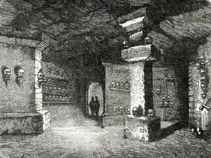 Et galleri med katakomber i Paris på 1800-tallet, Gravering, Privat samling av Anonymous Anonymous