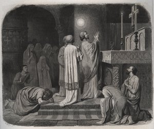 En globus av ild dukker opp over SAINT MARTIN eveque de Tours (316-397) mens han jobber. Gravering fra 1846 i "" Lives of the saints"". Privat samling. av Anonymous Anonymous