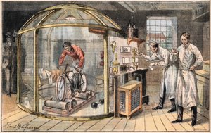 A man in a bell: experience on the expenditure of human energy carried out by English scientists. Engraving from the newspaper “” Le Peute Parisien””, on 24/05/1908. Private collection. av Anonymous Anonymous