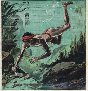 En perleforsker som risikerer livet i det tropiske hav i Ceylon og Polynesia for å forsyne elegante kjeder og smykker. Illustrasjon hentet fra "" Le Petite Journal"" 11/03/1923 Privat samling. av Anonymous Anonymous