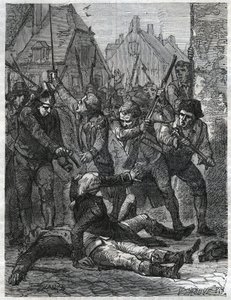 En scene i perioden med den franske revolusjonen: Theobald de Dillon (1745-1792) og en genieoffiser ved navn Berthois, ble massakrert av soldatene og folket i Lille, som anklaget dem for forræderi. Gravering fra 1866 i «Histoire de la Revolution fr av Anonymous Anonymous