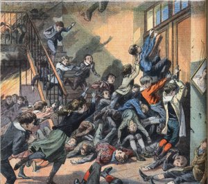 En skole brant i Cleveland (USA). Gravering fra avisen "" Le Petite Parisien"", 22/03/1908. Privat samling. av Anonymous Anonymous