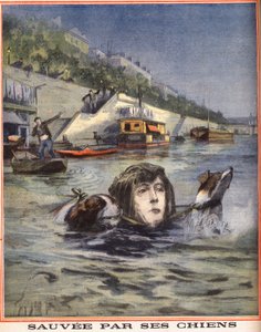 En kvinne faller i Seinen blir reddet av hundene sine i Paris. Gravering i "" Le petit parisien"" 14.08.1910. Privat samling. av Anonymous Anonymous