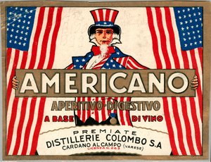 Annonse for italiensk short drink Americano, med allegorisk personifisering av America Uncle Sam av Anonymous Anonymous