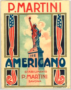 Annonse for italiensk short drink Americano, med amerikansk flagg og frihetsstatue av Anonymous Anonymous