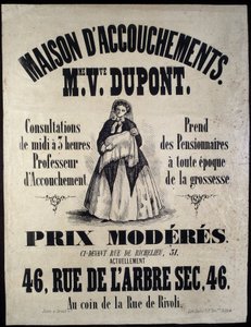 Annonsering for et fødehjem (barsel) i Paris i 1850. Madame Dupont, lave priser på 46 rue de l