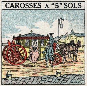 Animal traction: a carriage with 5 floors, a mode of transport reserved to the bourgeois under Louis XIV in France. Anonymous illustration from 1925. Private collection. av Anonymous Anonymous