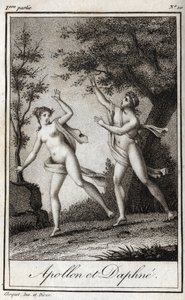 Apollo and Daphne. The nymph Daphne turns into a laurel to escape Apollo. Engraving from 1819 in “Lettres a Emilie sur la mythologie” by Charles Albert Demoustier (1760-1801). Private collection. av Anonymous Anonymous