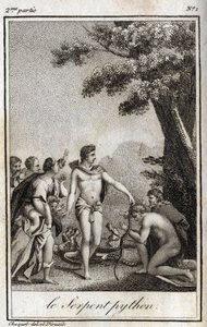 Apollo og Python-slangen på Mount Parnassus. Gravering fra 1819 i «Lettres a Emilie sur la mythologie» av Charles Albert Demoustier (1760-1801). Privat samling. av Anonymous Anonymous