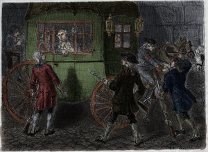 Arrestasjon av Ludvig XVI (1754-1793) og hans flyktende familie i Varennes 21. juni 1791. Gravering fra 1866 i «Histoire de la Revolution francaise»» av Adolphe Thiers. . av Anonymous Anonymous