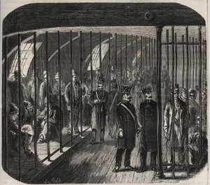Ankomst av styrkene om bord under konvoien fra Toulon til Cayenne (Guyana) i henhold til dekretet av 8. desember 1851. Inngravering i "Historien om fengslene fra deres opprettelse til i dag" (1877) av Pierre Zaccone (1817- 1895) (Colonia Penale - Penal co av Anonymous Anonymous