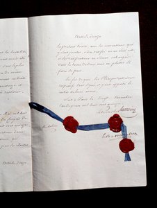 Artikkel 12 i traktaten fra 1815 mellom Frankrike og koalisene. Den andre Paris-traktaten signert av Armand Emmanuel de Vignerot du Plessis, hertugen av Richelieu (1766-1822): traktaten forutsetter samarbeid mellom Østerrike, Storbritannia, Preussen og Rus av Anonymous Anonymous
