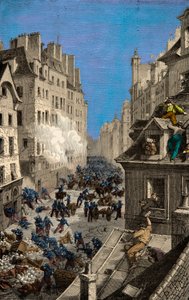 Slaget ved barrikaden av Rue Saint Antoine i 1830, gravering, privat samling av Anonymous Anonymous