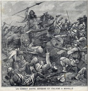 Battle between Abyssins of Menelik II and Italians in Makalle, Ethiopia. Engraving in “” Le Petite Parisien”” av Anonymous Anonymous