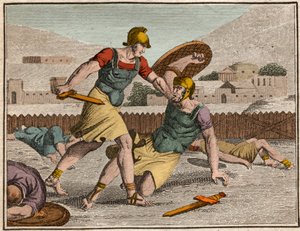 Battle of Horaces and Curiaces - Kamp mellom Horatii og Curiatii - Gravering fra "" The Rollin of Youth eller utvalgte stykker av antikke og romerske historier"" 1816 - Privat samling av Anonymous Anonymous