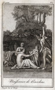 Fødsel av Bacchus, sønn av Jupiter og Semele. Gravering fra 1819 i «Lettres a Emilie sur la mythologie» av Charles Albert Demoustier (1760-1801). Privat samling. av Anonymous Anonymous