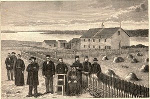 Bishop Isidore Clut (1832-1903), R.P. Le Corre and other members of the Providence Mission in Athabaska Mackenzie (Athabaska-Mackenzie) in Canada at the end of the 19th century. Engraving in “Les Missions Catholiques au XIXeme Siecle”” by Louis-Eugene (Lou av Anonymous Anonymous