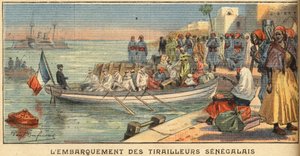 Ombordstigning senegalesiske ryttere med sin kone. Gravering fra avisen "" Le Petite Parisien"", 22.03.1908. Privat samling. av Anonymous Anonymous