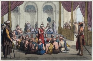 Brahmins singing praises to the god Rama - Brahmanes chant the praises of god Rama - engraving from “” Usi e Costumi di Tutti i i Popoli dell