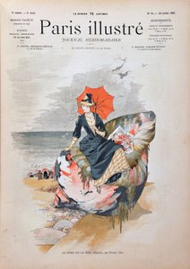 By the sea, allegory by Habert Dys. Elegant woman with an umbrella sitting on a giant shell poses on the sand of a beach. Engraving from 1887 in “” Paris-Illustrous journal weekly””. av Anonymous Anonymous