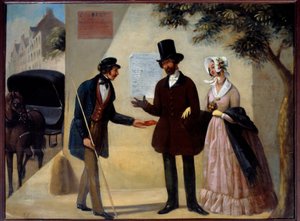Cabaret-skilt "" Au coc fidele"", en parisisk kusk som tilbyr sine tjenester til et par. Anonymt maleri fra 1800-tallet. Sol. 0,64x0,84 m Paris, Musee Carnavalet av Anonymous Anonymous