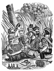 Kaptein Bartholomew Roberts mannskap hviler nær Old Calabar River, sent på 1600-tallet. Gravering av "" Piratens egen bok"" 1837. av Anonymous Anonymous