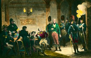 Sak om Louis de Bourbon, hertugen av Enghien (1772-1804): rettssak mot prinsen mistenkt for å ha konspirert mot den første konsulen Napoleon Bonaparte, han ble dømt og henrettet uten bevis. Gravering fra 1804. Privat samling - The Judgem av Anonymous Anonymous