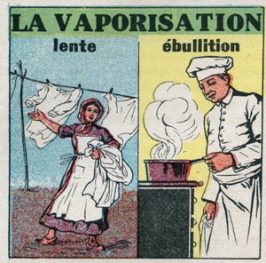 Changes in states: slow vaporization (wind action) or boiling (heat under a pan). Anonymous illustration from 1925. Private collection. av Anonymous Anonymous