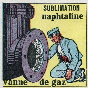 Endringer i tilstander: sublimering. Naftalindepot som tetter en gassventil. Anonym illustrasjon fra 1925. Privat samling. av Anonymous Anonymous