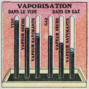 Endringer i tilstander: damper. Fordamping i vakuum eller gass. Anonym illustrasjon fra 1925. Privat samling. av Anonymous Anonymous