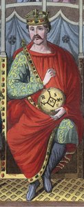 Karl den skallede, kongen av Vest-Frankrike, Italia, og den hellige romerske keiseren, 823 - Portrett av Karl II den skallede (823 - 877), konge av Frankrike, gravering fra "" Skikker og skikker til alle folkeslag i universet. Det er historien til regjerin av Anonymous Anonymous