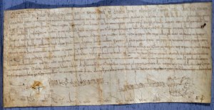 Charter of King Charlemagne (Charles I, Charles the Great eller Carolus Magnus) (742-814) som fritar klosteret Saint Denis fra bompenger under messen. Slutten av det 8. århundre. Paris, Nasjonalarkivet av Anonymous Anonymous