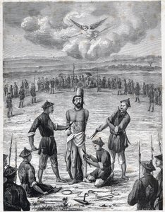 Kristenforfølgelse: Den franske misjonærpresten Joseph Marchand led "pine av de hundre sårene" i Cochinchina 30. november 1835. Gravering i "Les Missions Catholiques au XIXeme Siecle"" av Louis-Eugene (Louis Eugene) Louvet. privat  av Anonymous Anonymous