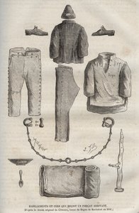 Klær og strykejern mottatt av en styrke som ankom bagne de Rochefort på 1800-tallet (fra den originale tegningen av Clemans, forcat du bagne i 1840). Gravering i "Historien om straffedømte fra deres skapelse til i dag" (1877) av Pierre Zaccone (18 av Anonymous Anonymous