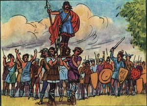 Clovis (konge av francene fra 481 til 511) ble valgt til konge av salianerne som bar ham på bolverket (skjoldet) mens de reiste rundt i leiren. Anonym illustrasjon i "" Collection des souverains et chefs d