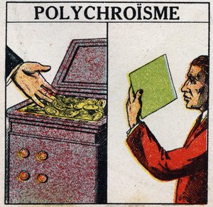 Farger: polykroisme. Gullmynter er gule, men tynnlagsgull er grønn i fargen. Anonym illustrasjon fra 1925. Privat samling. av Anonymous Anonymous
