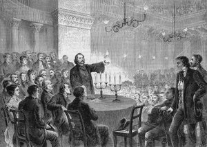 Conference of reformer Johannes (Jean) Ronge (1813-1887) in Vienna in 1868. He founded the Universal Christian Church. engraving of 1868. Private collection. av Anonymous Anonymous