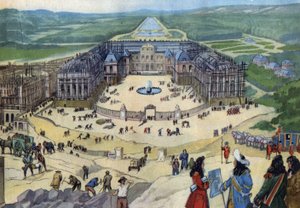 Construction of the castle of Versailles in 1678 following the plans of Jules Hardouin Mansart in the foreground King Louis XIV. av Anonymous Anonymous