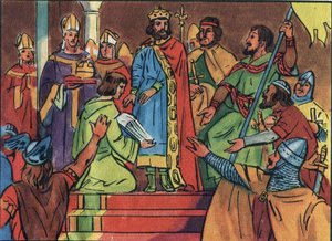 Kroningen av Hugues Capet (941-996) i Noyon i 987, av Adalberon (ca. 925-990), arkeveken til Reims. Denne kroningen markerte begynnelsen på Capetians-dynastiet, konger av Frankrike som gjenvant, enten direkte eller indirekte, i 8 år. Anonym illust av Anonymous Anonymous