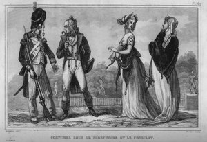 Kostyme i hovedstyret og konsulatet. Gravering fra 1859 i “” Le Monde. Alle folkeslags historie fra de fjerneste tider til i dag». av M. E. de Lostalot-Bachoue (Lostalot Bachoue). Privat samling. av Anonymous Anonymous