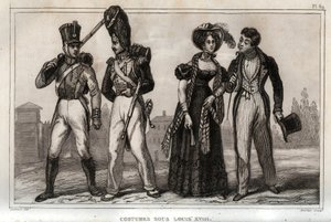 Kostymer under Louis XVIII. Gravering fra 1859 i “” Le Monde. Alle folkeslags historie fra de fjerneste tider til i dag». av ME de Lostalot-Bachoue (Lostalot Bachoue). Privat samling. av Anonymous Anonymous